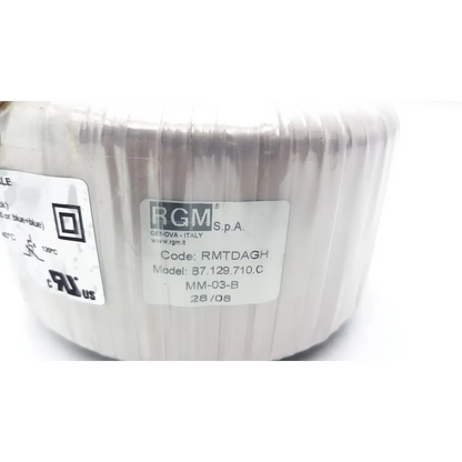 White cylindrical rgm transformatore toroidale with ribbed surface and labeled specifications class b 350 va