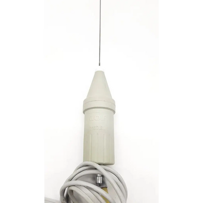 Gray cylindrical richard wolf lithotripter probe 2167.30 with pointed tip and coiled gray cable for medical use