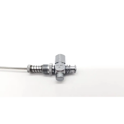 Silver-colored metallic richard wolf trocar needle with threaded body and cross-shaped handle 2.1mm size