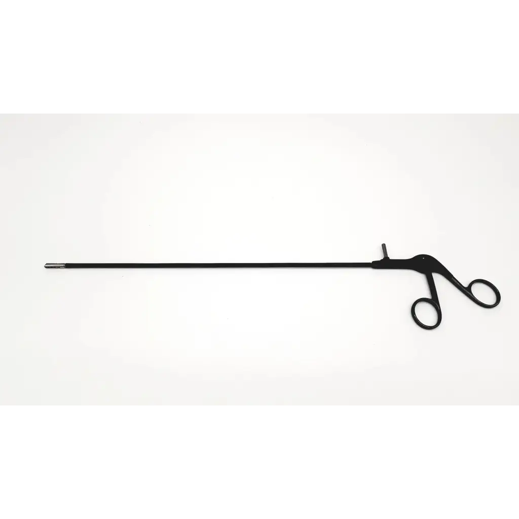 Black richard wolf 8383.12 laparoscopic insulated punch with long slender shaft and curved handle for surgery