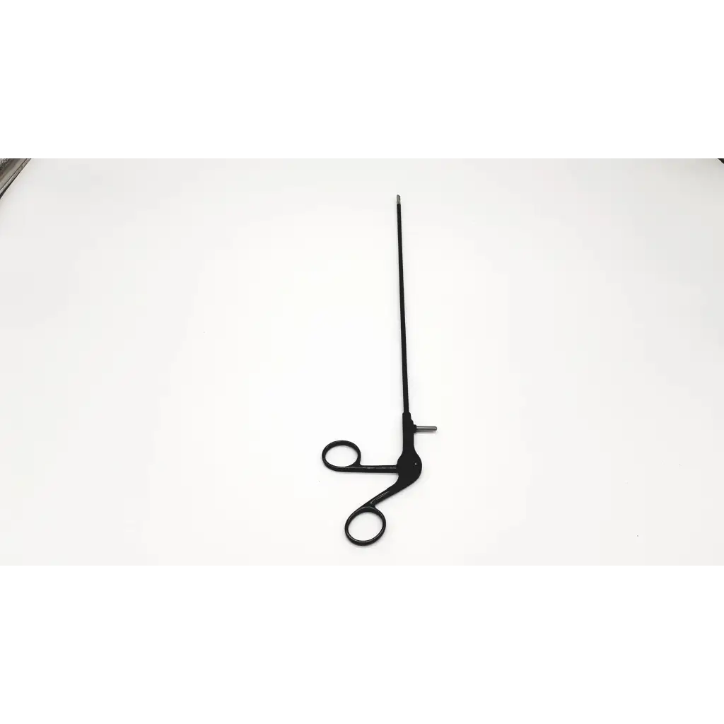Black richard wolf 8383.12 laparoscopic insulated punch with long slender shaft and two circular handles surgical tool