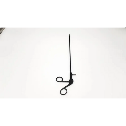 Black richard wolf 8383.12 laparoscopic insulated punch with long slender shaft and two circular handles surgical tool