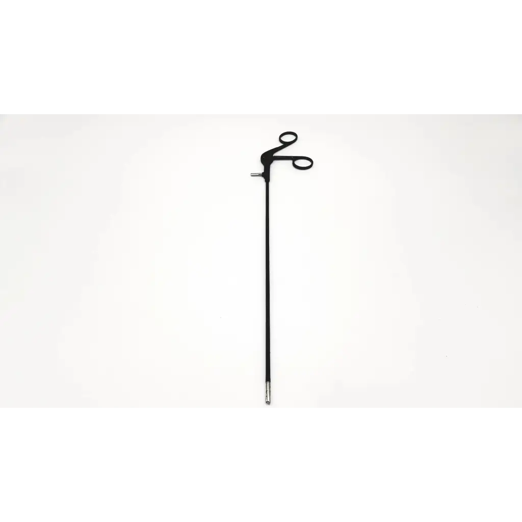 Black richard wolf 8383.12 laparoscopic insulated punch with long handle and curved gripping ends for surgical use