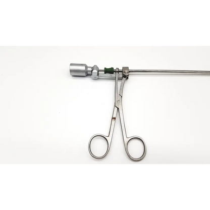 Silver kleppinger bipolar forceps insert with long slender shaft and curved handles for precise surgical use