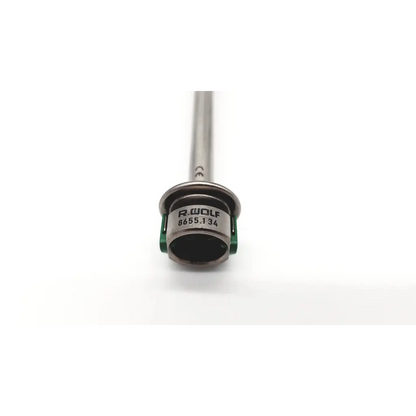 Silver metallic richard wolf 8655.134 outer sheath with green plastic component and engraved label on cylindrical head
