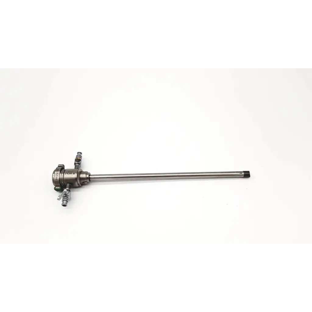 Silver-colored richard wolf 8655.144 internal sheath resectoscope with slender metallic shaft and complex multiport head assembly