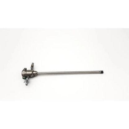 Silver-colored richard wolf 8655.144 internal sheath resectoscope with slender metallic shaft and complex multiport head assembly