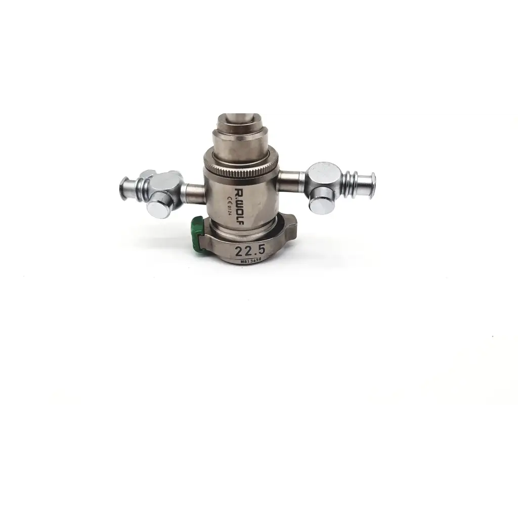 Silver metallic internal sheath resectoscope with two side ports and green adjustment knob by richard wolf model 8655.144
