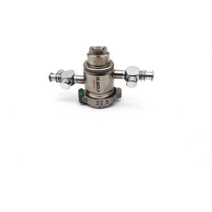 Silver metallic internal sheath resectoscope with two side ports and green adjustment knob by richard wolf model 8655.144