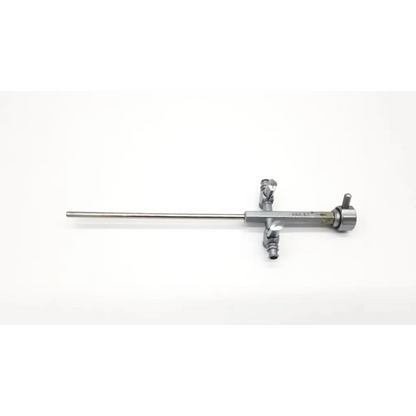 Silver richard wolf sheath da24-83 surgical instrument with long slender shaft and complex handle with multiple knobs and ports