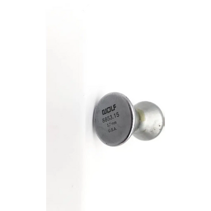 Silver metallic richard wolf 8853.15 5.7mm cannula probe insert screw with engraved markings on head