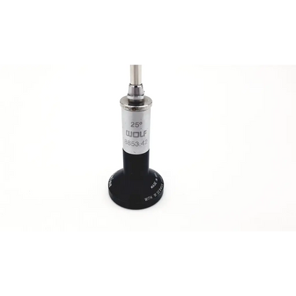 Black and silver richard wolf 25° cystoscope da24-16 precision angle probe with cylindrical metallic shaft and engraved model number