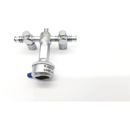 Silver metallic richard wolf 8865.04 cystoscope da24-94 with engraved base and blue plastic component at the bottom