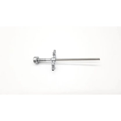 Stainless steel richard wolf 8885.04 dual valve sheath with long slender shaft and three threaded ports for surgical use