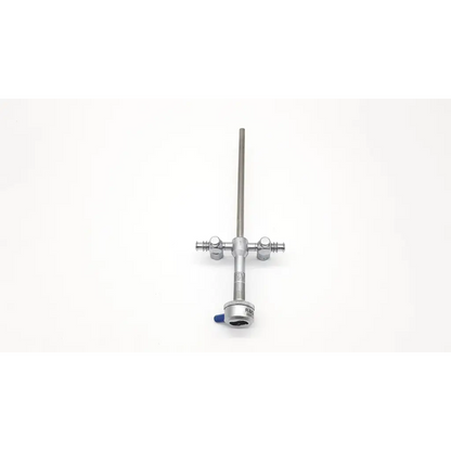 Silver richard wolf 8885.04 dual valve sheath surgical instrument with long shaft, two side knobs, and blue-tipped valve