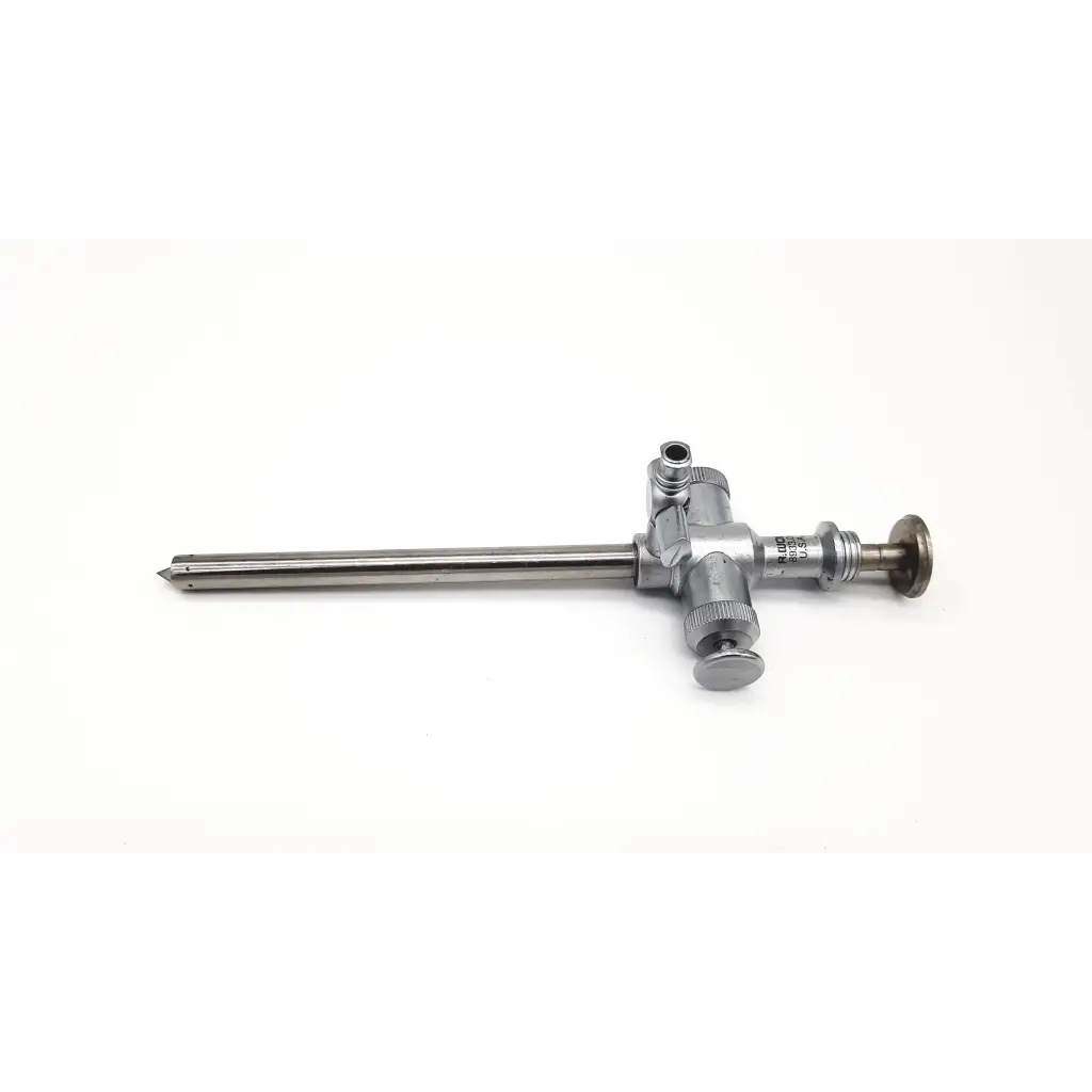 Silver richard wolf 8933.01 scope sheath with trocar endoscope featuring a long shaft and knurled adjustment knobs