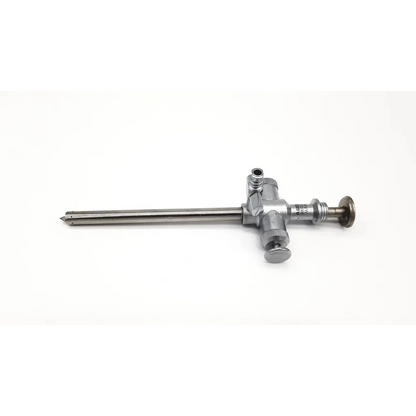 Silver richard wolf 8933.01 scope sheath with trocar endoscope featuring a long shaft and knurled adjustment knobs