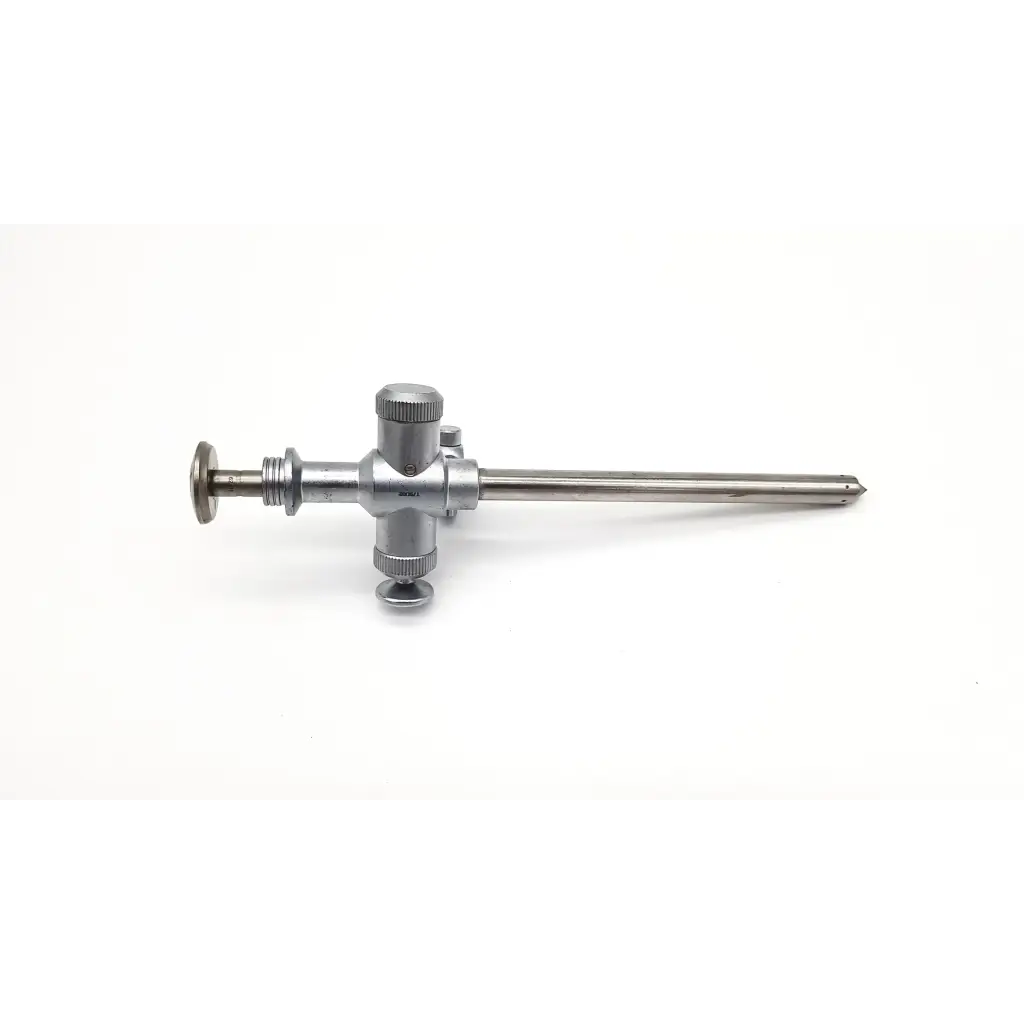 Richard Wolf 8933.01 silver scope sheath with trocar endoscope features long shaft and three knurled adjustment knobs