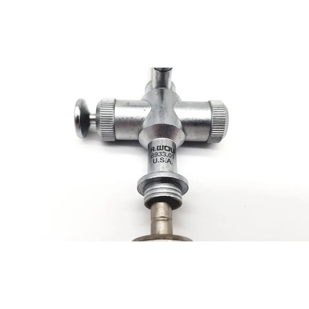 Silver metallic t-shaped gas regulator with threaded connections and knurled knobs for richard wolf scope sheath trocar endoscope