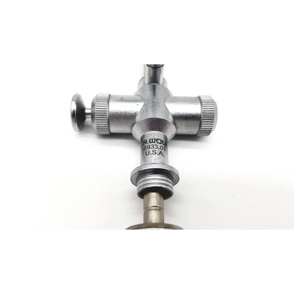 Silver metallic t-shaped gas regulator with threaded connections and knurled knobs for richard wolf scope sheath trocar endoscope