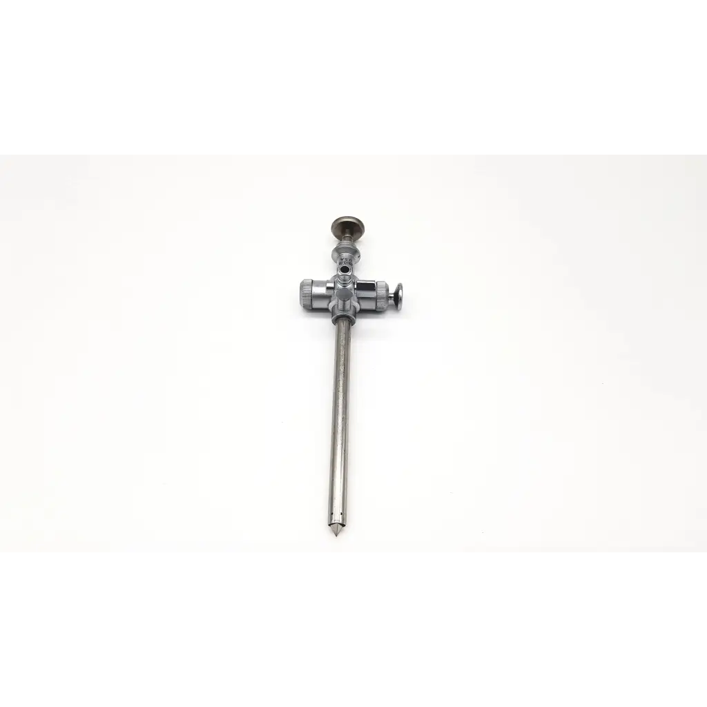 Silver richard wolf 8933.01 scope sheath with trocar endoscope featuring slender shaft and cross-shaped handle with knobs