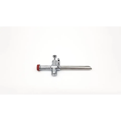 Silver richard wolf 10mm laparoscope with metallic joints and red rubber cap for precision surgical use