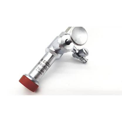 Silver metallic Richard Wolf 10mm laparoscope with red rubber tip, engraved markings, and adjustable joint mechanism