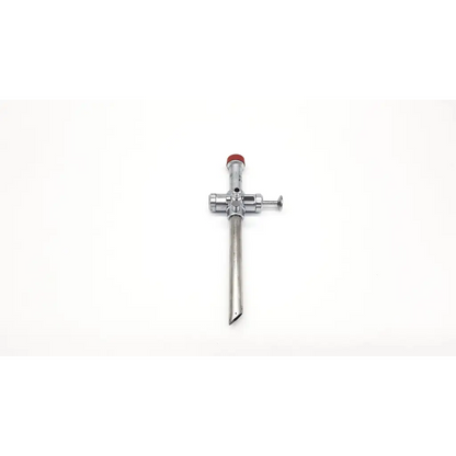 Silver richard wolf 10mm laparoscope with a red-tipped handle and cross-shaped joint for surgical use
