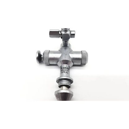 Silver metallic cross-shaped valve with threaded knobs and markings for richard wolf 8989.151 operating hysteroscope sheath