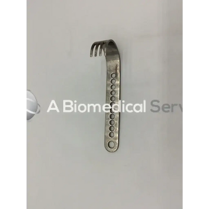 Silver metallic richards smith and nephew deep blades surgical retractor with curved handle and multiple circular holes
