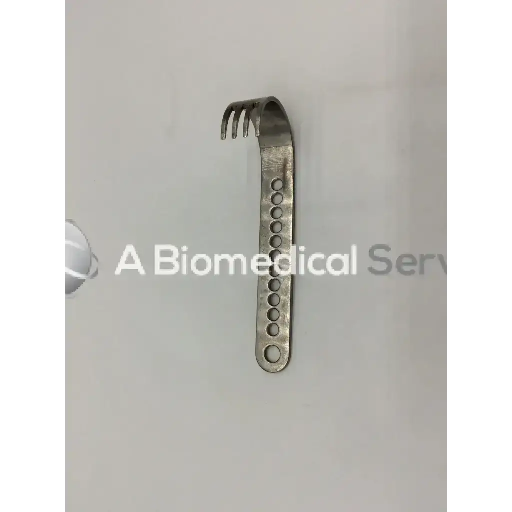 Silver metallic richards smith and nephew deep blades surgical retractor with curved handle and circular holes 63.5 mm