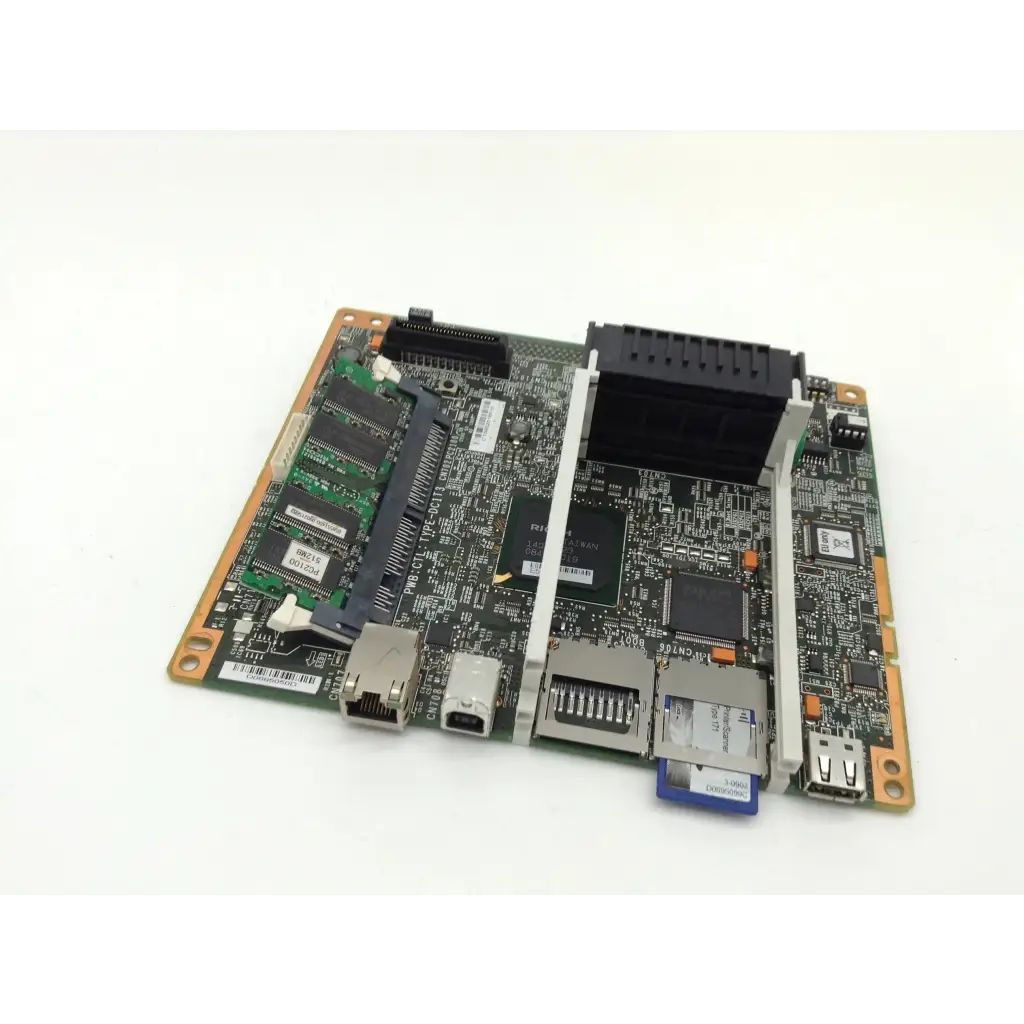Green ricoh d0135723 controller board with black and silver components featuring ethernet and usb ports for mp 4000