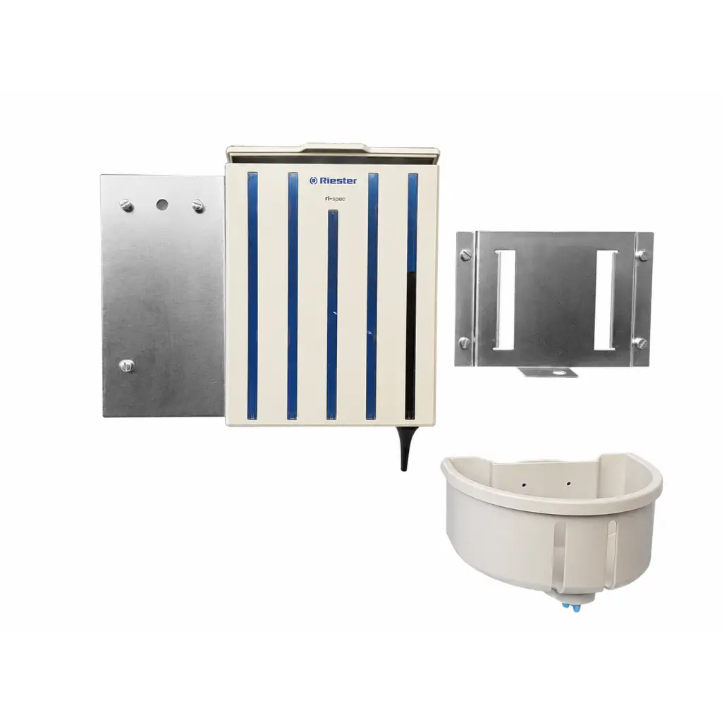 Beige and blue riester rh-109c wall-mounted automatic pet feeder with stainless steel plates for biomed certified diagnostic station
