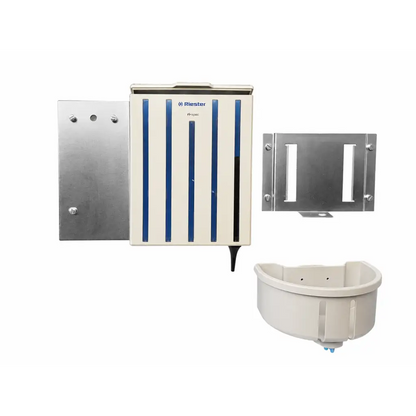 Beige and blue riester rh-109c wall-mounted automatic pet feeder with stainless steel plates for biomed certified diagnostic station