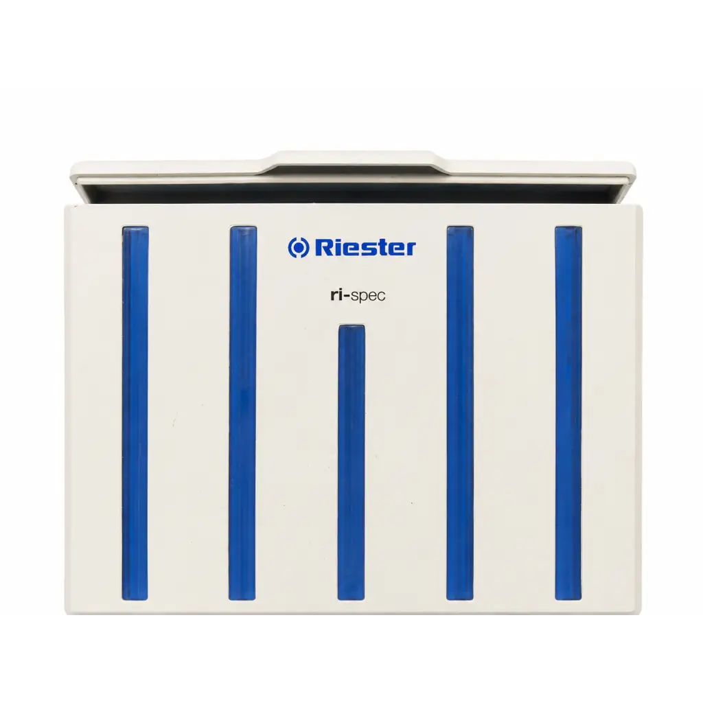 White riester ri-spec biomed certified diagnostic station with five blue vertical slots and hinged lid wall-mounted design