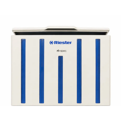 White riester ri-spec biomed certified diagnostic station with five blue vertical slots and hinged lid wall-mounted design