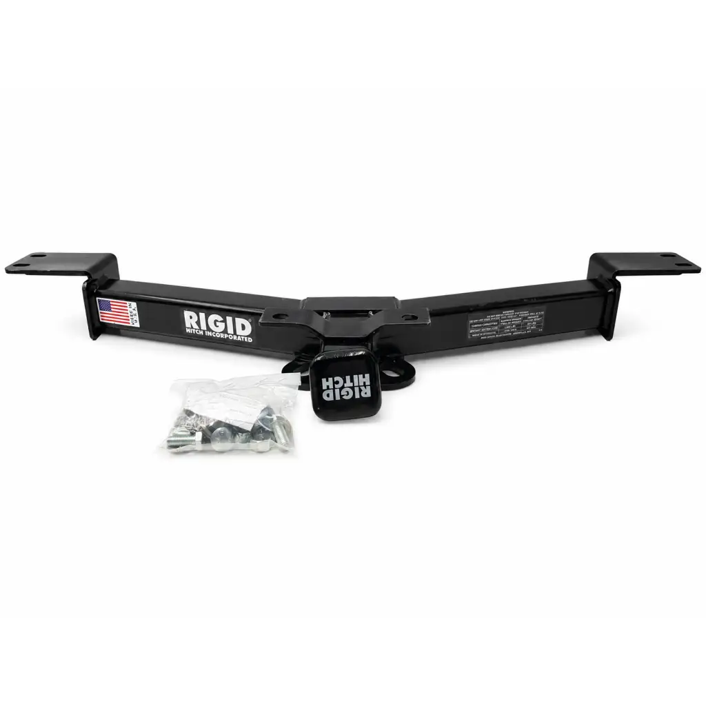Black rigid hitch trailer hitch receiver with matching black square hitch cover and mounting hardware 5000 lb capacity