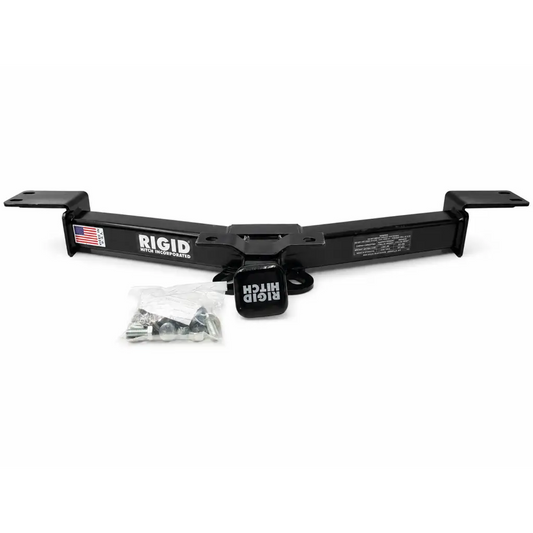 Black rigid hitch trailer hitch receiver with matching black square hitch cover and mounting hardware 5000 lb capacity