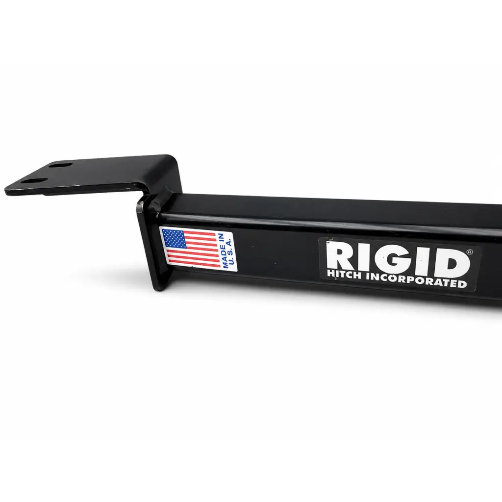 Black rigid hitch trailer hitch receiver with matte finish and american flag sticker made in the usa back side view