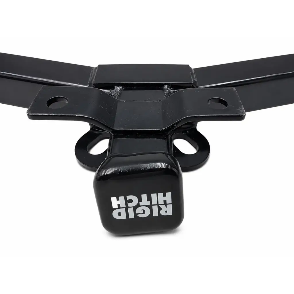 Black rigid hitch trailer hitch receiver with glossy finish and white logo 5000 lb capacity with mounting hardware