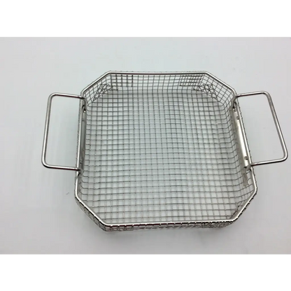 Silver metal mesh basket with two side handles for riley medical flag pak 9020 sterilizer in stainless steel