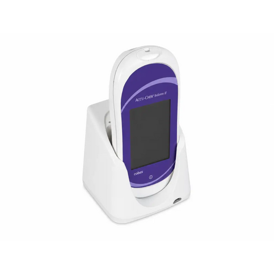 Roche Cobas Accu-Chek Inform II glucose meter in white and purple with sleek rounded design and base