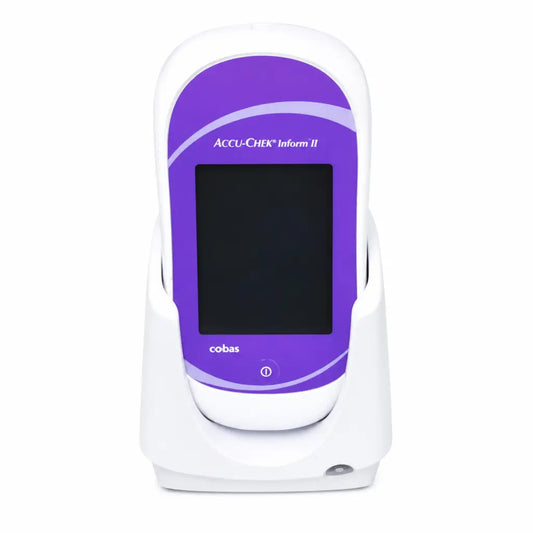 Purple and white roche cobas accu-chek inform ii glucose meter with sleek rounded design and base
