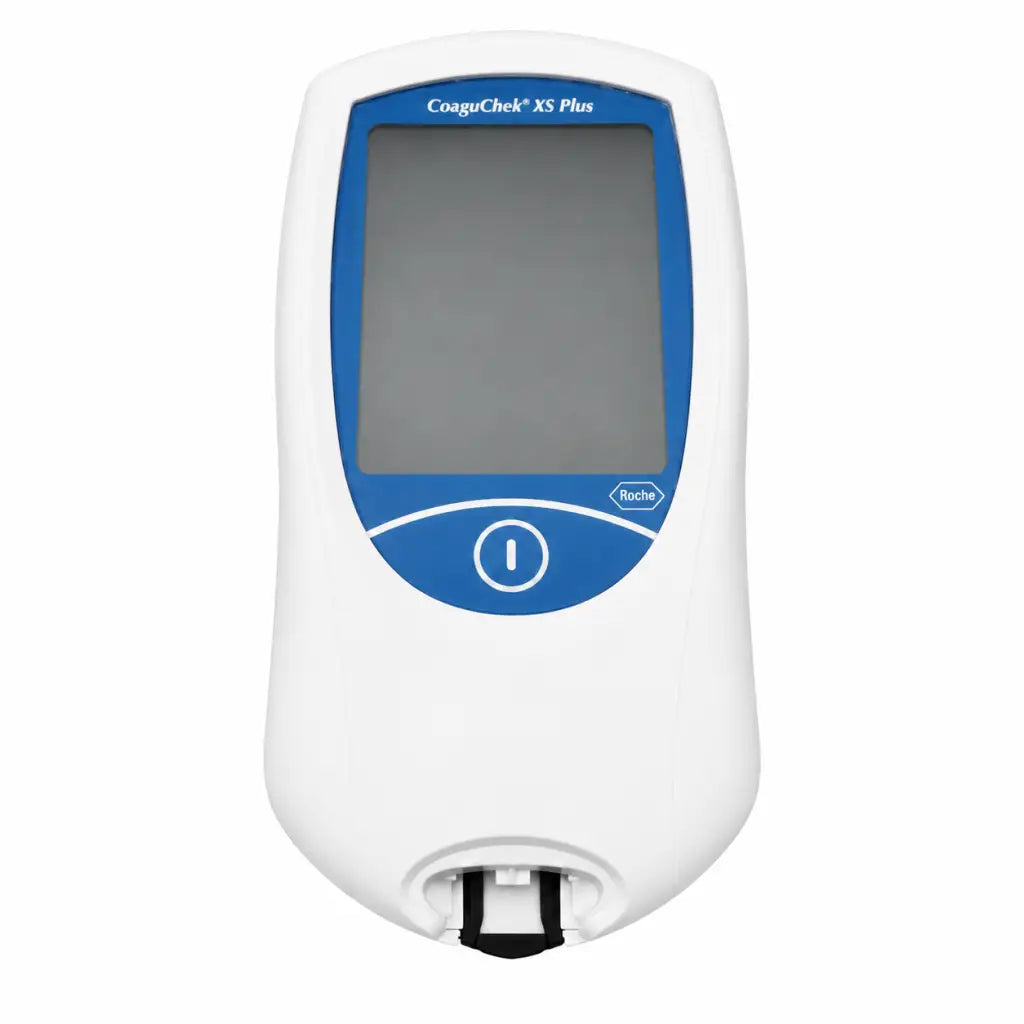 White and blue roche diagnostics coaguchek xs plus coagulation meter biomed certified for blood testing use