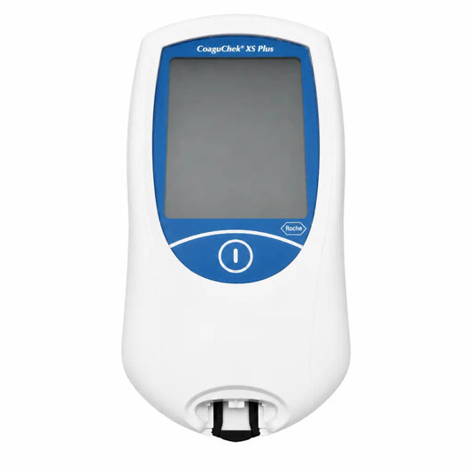 White and blue roche diagnostics coaguchek xs plus coagulation meter biomed certified for blood testing use