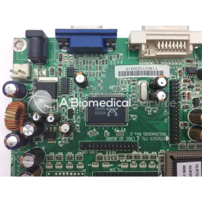 Green circuit board with black integrated circuits capacitors and connectors in rtd2523 kh10640d0g rev d trl and lvds ad board