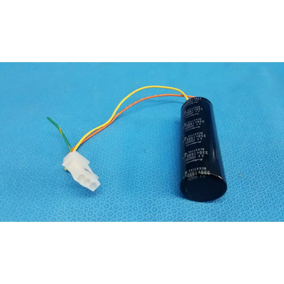 Black cylindrical rubycon photo capacitor 330v 1800uf with three colored wires and white connector for trc-nw6s retinal camera