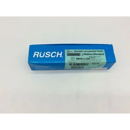 Blue rectangular rüsch fiberoptic handle med laryngoscope handle with white text and barcode for fiberoptic use