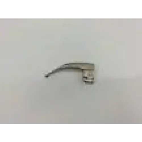 Silver-colored stainless steel laryngoscope fiber optic blade with curved handle and serrated edge for precise intubation