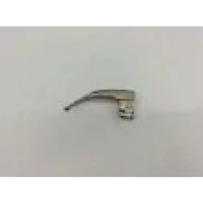 Silver-colored stainless steel laryngoscope fiber optic blade with curved handle and serrated edge for precise intubation